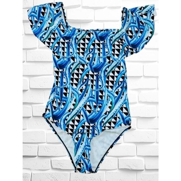 Unbranded Women’s Medium Blue White Geometric Print Off-Shoulder Ruffle Swimsuit - Picture 2 of 14